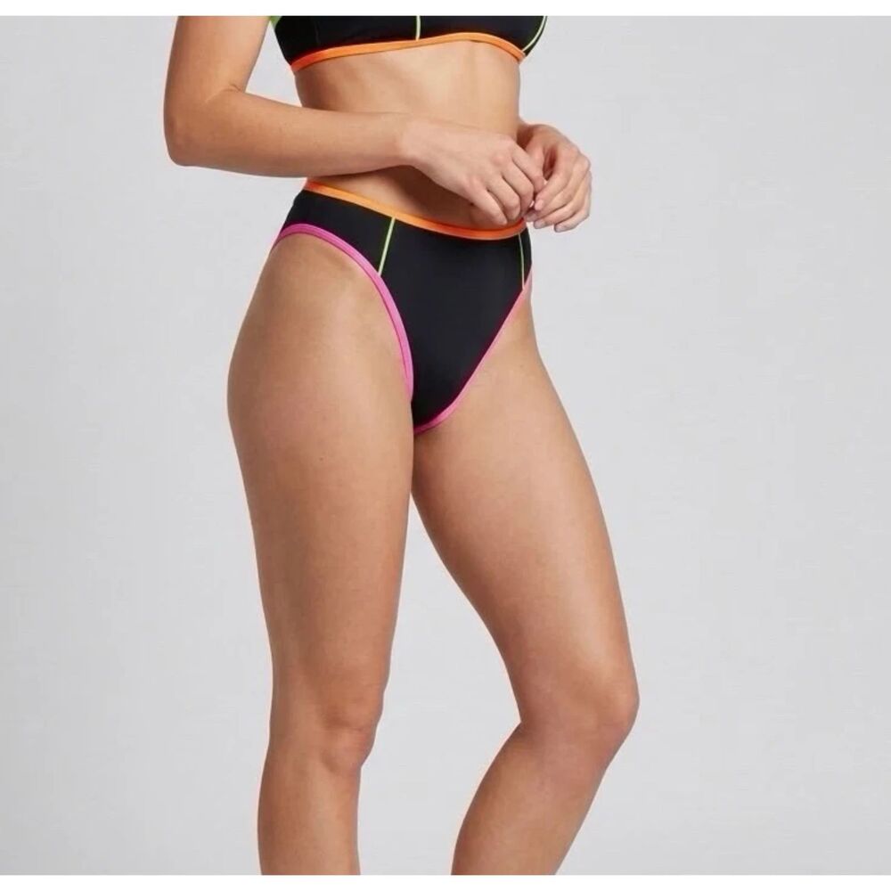 Zara Cheeky Bikini Swimsuit Bottoms Womens Sz L Black Neon Contrast Edge Sexy